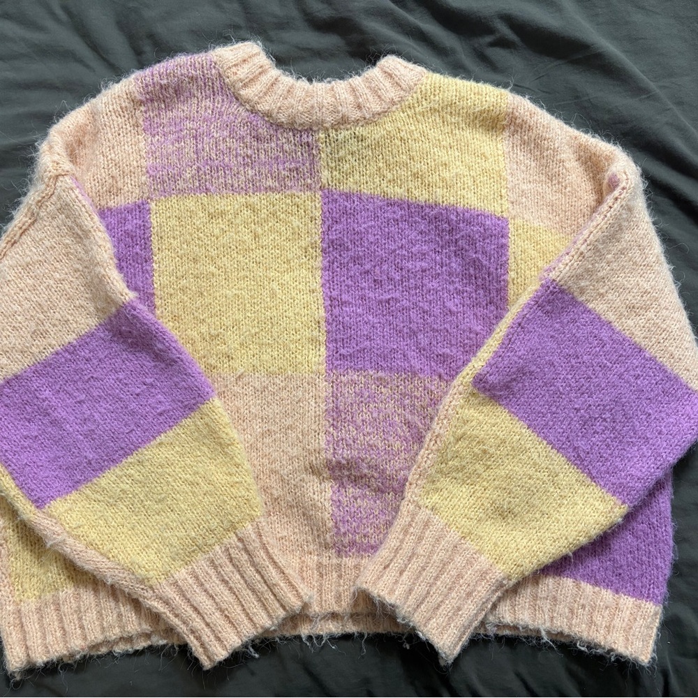 Vibrant Patchwork Sweater - Purple and Yellow